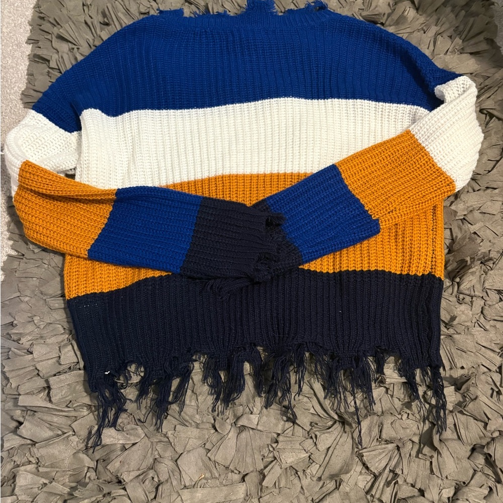 Navy and Orange Striped Turtleneck Sweater